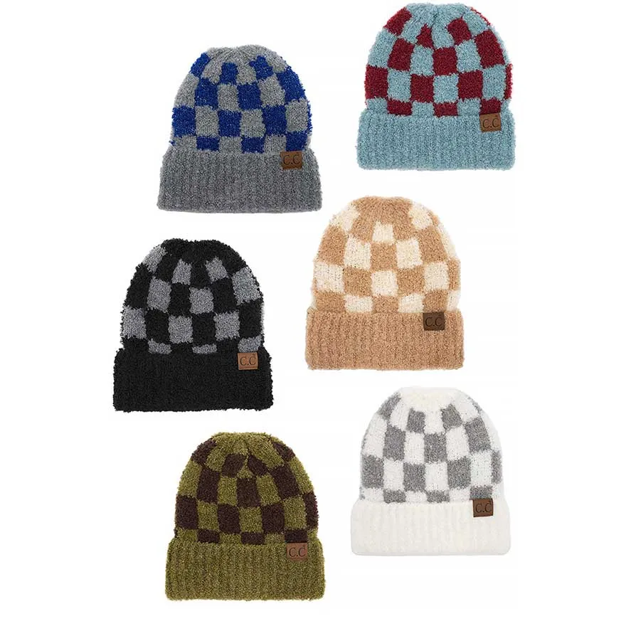 C.C Checkered Pattern Boucle Cuff Beanie