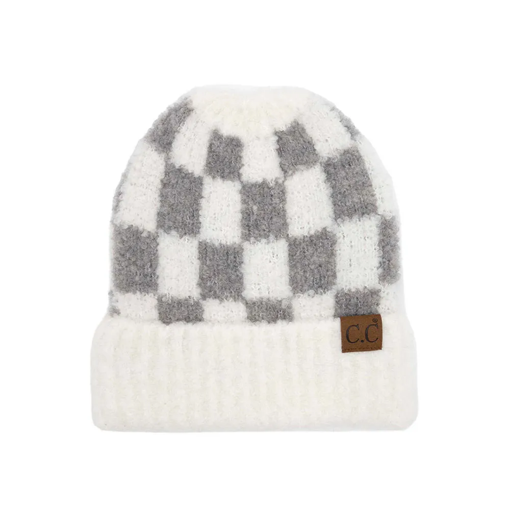 C.C Checkered Pattern Boucle Cuff Beanie