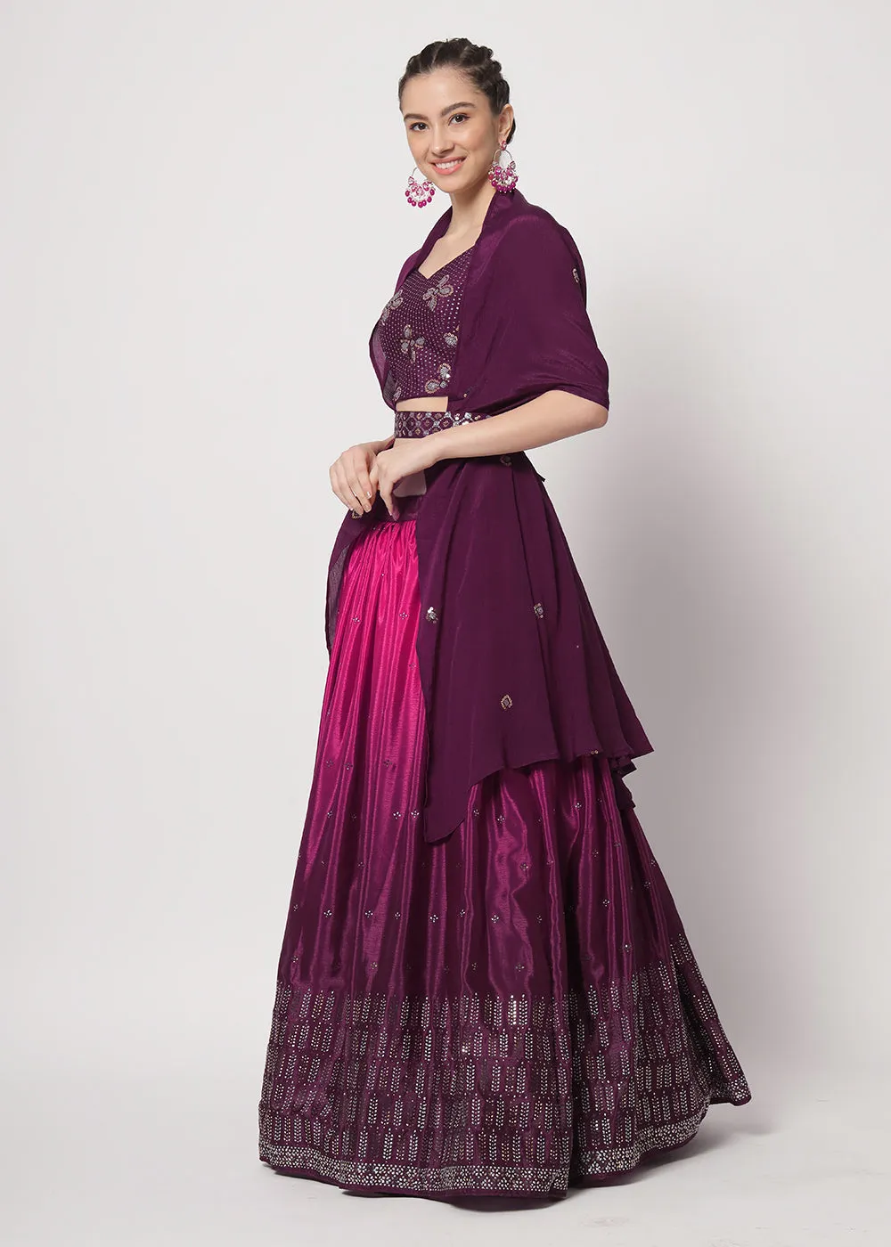 Chinon Silk Purple Mukaish Work Wedding Party Lehenga Choli