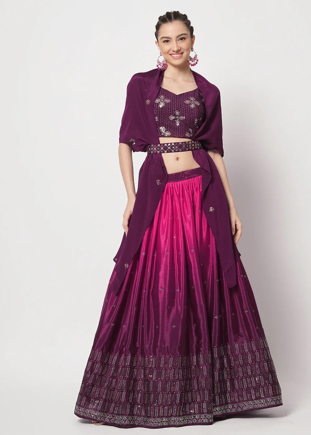 Chinon Silk Purple Mukaish Work Wedding Party Lehenga Choli