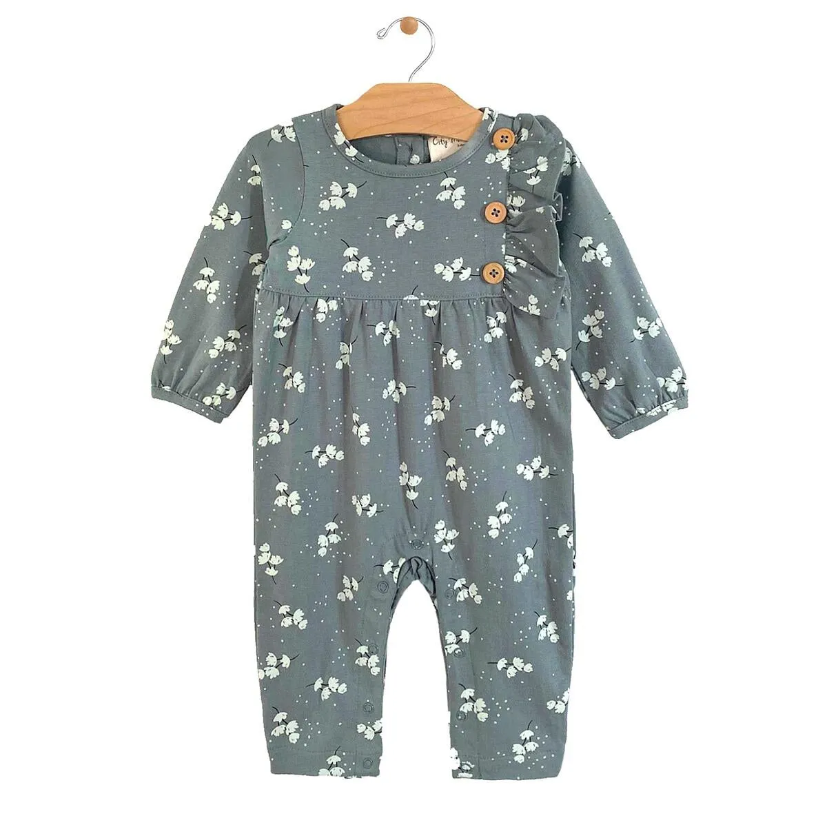 City Mouse Jersey Side Button Romper - Teal Puffs