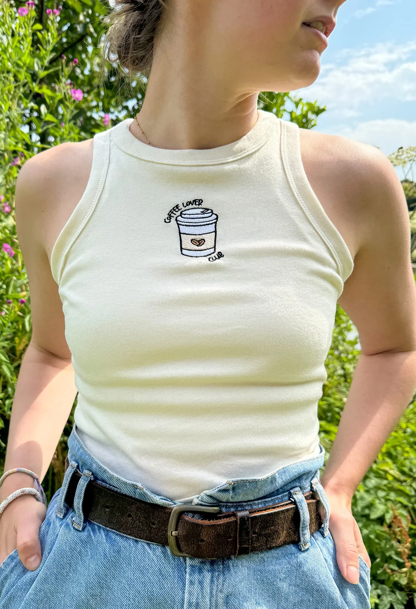 Coffee Lover Embroidered Micro Rib Racer Vest