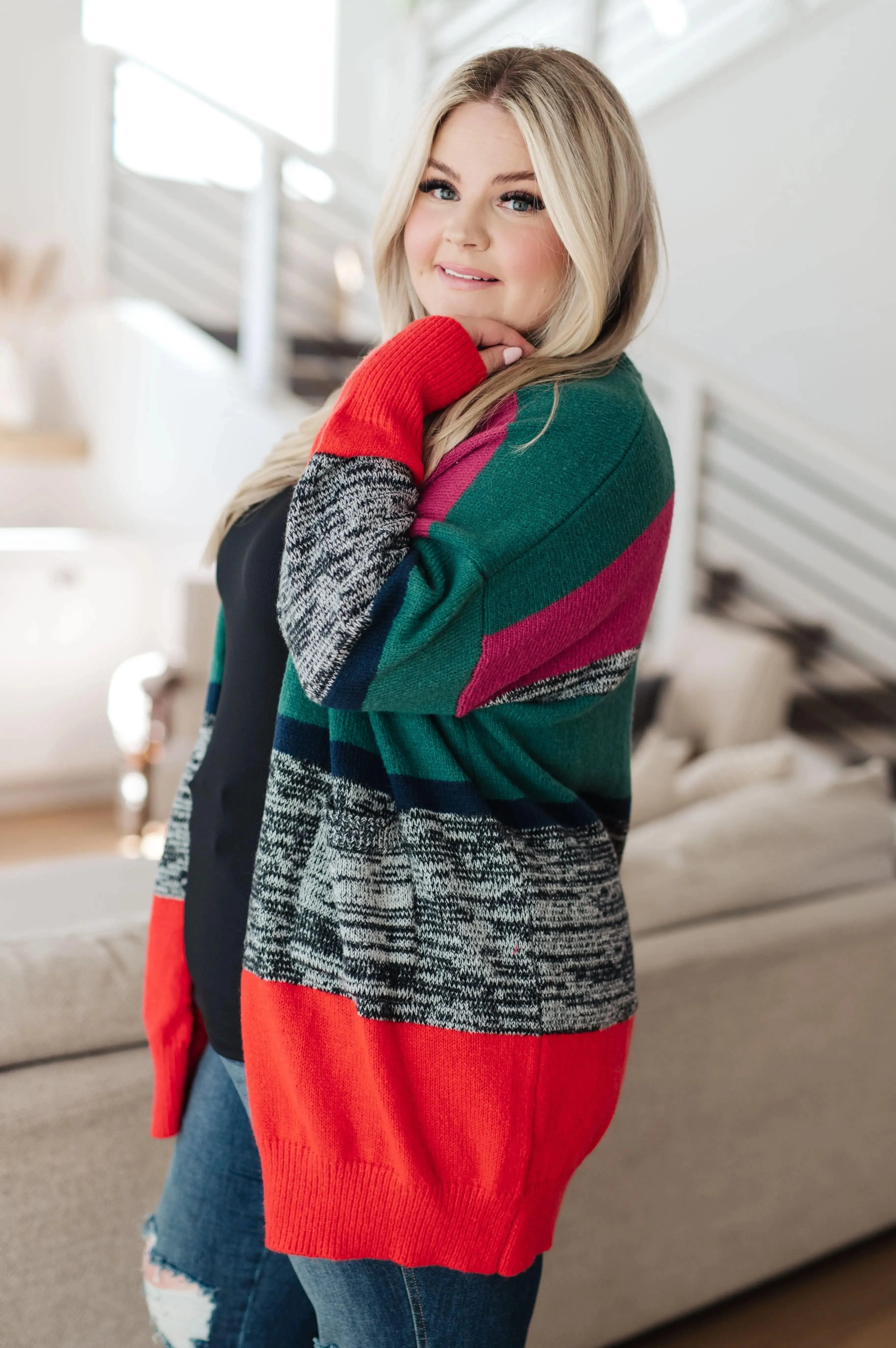 Color Block Striped Open Cardigan