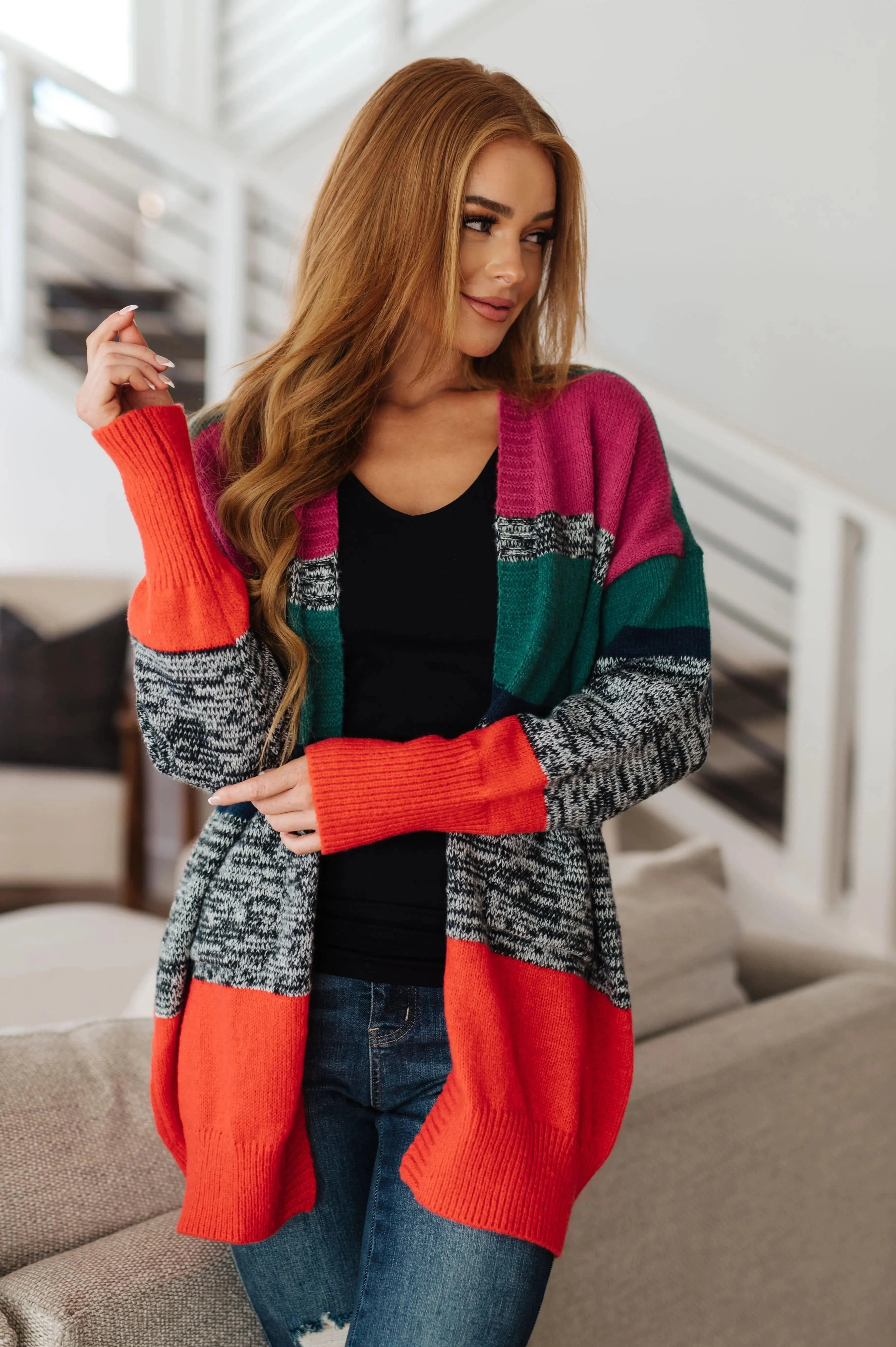 Color Block Striped Open Cardigan