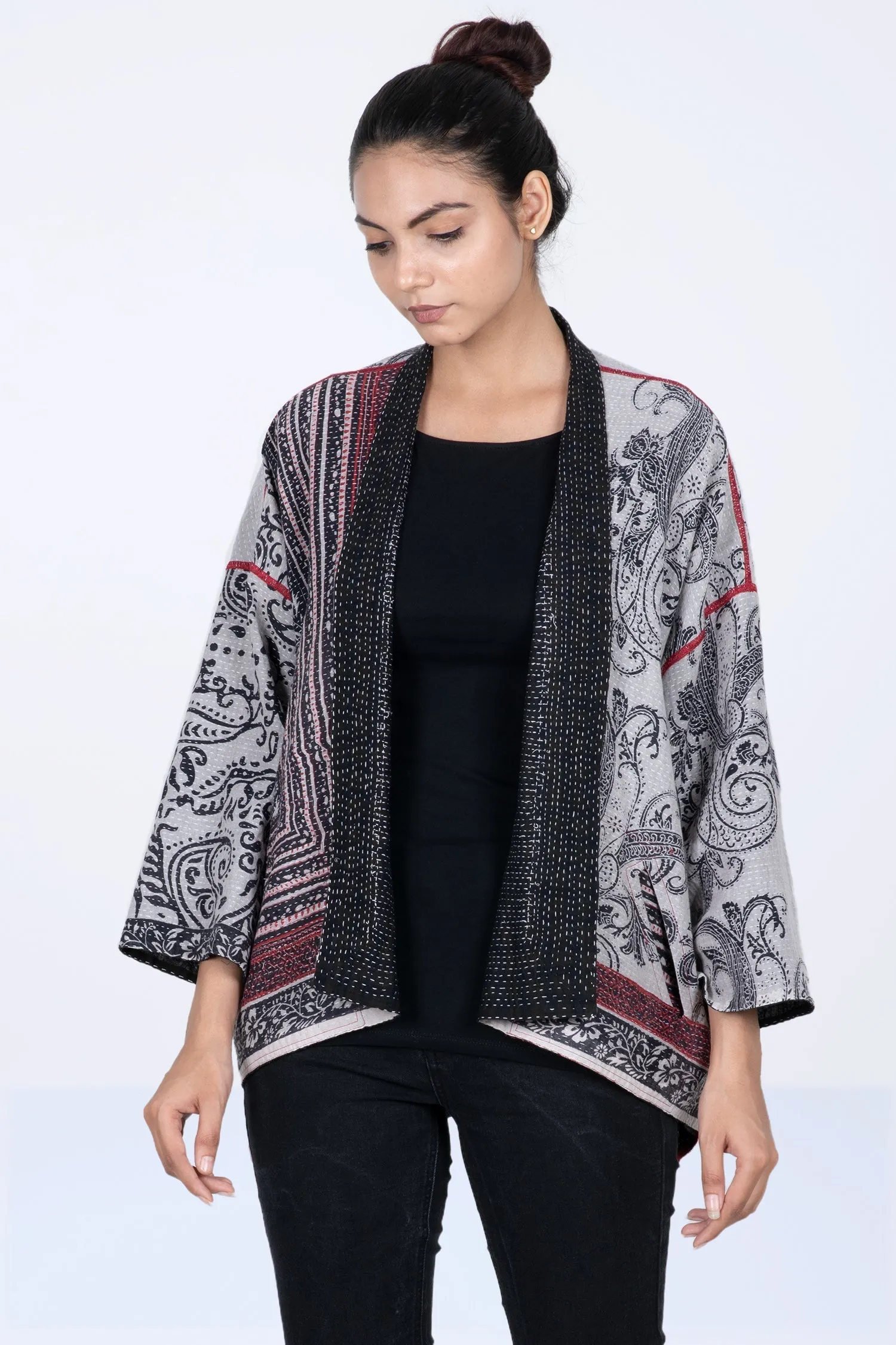 COTTON PAISLEY KANTHA MINI KIMONO JKT - cp2055-wht -