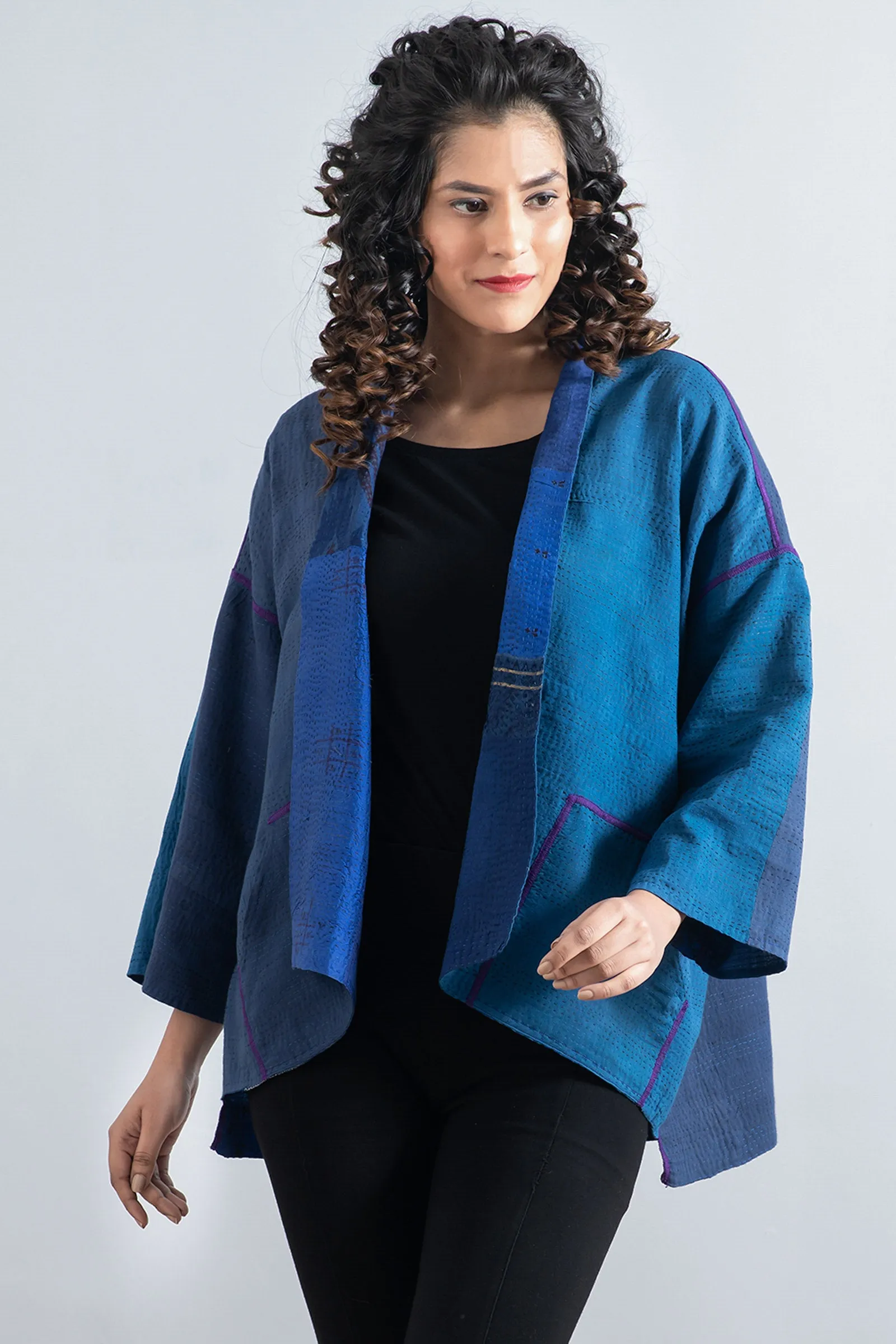 COTTON SILK SW PATCH KANTHA MINI KIMONO JACKET