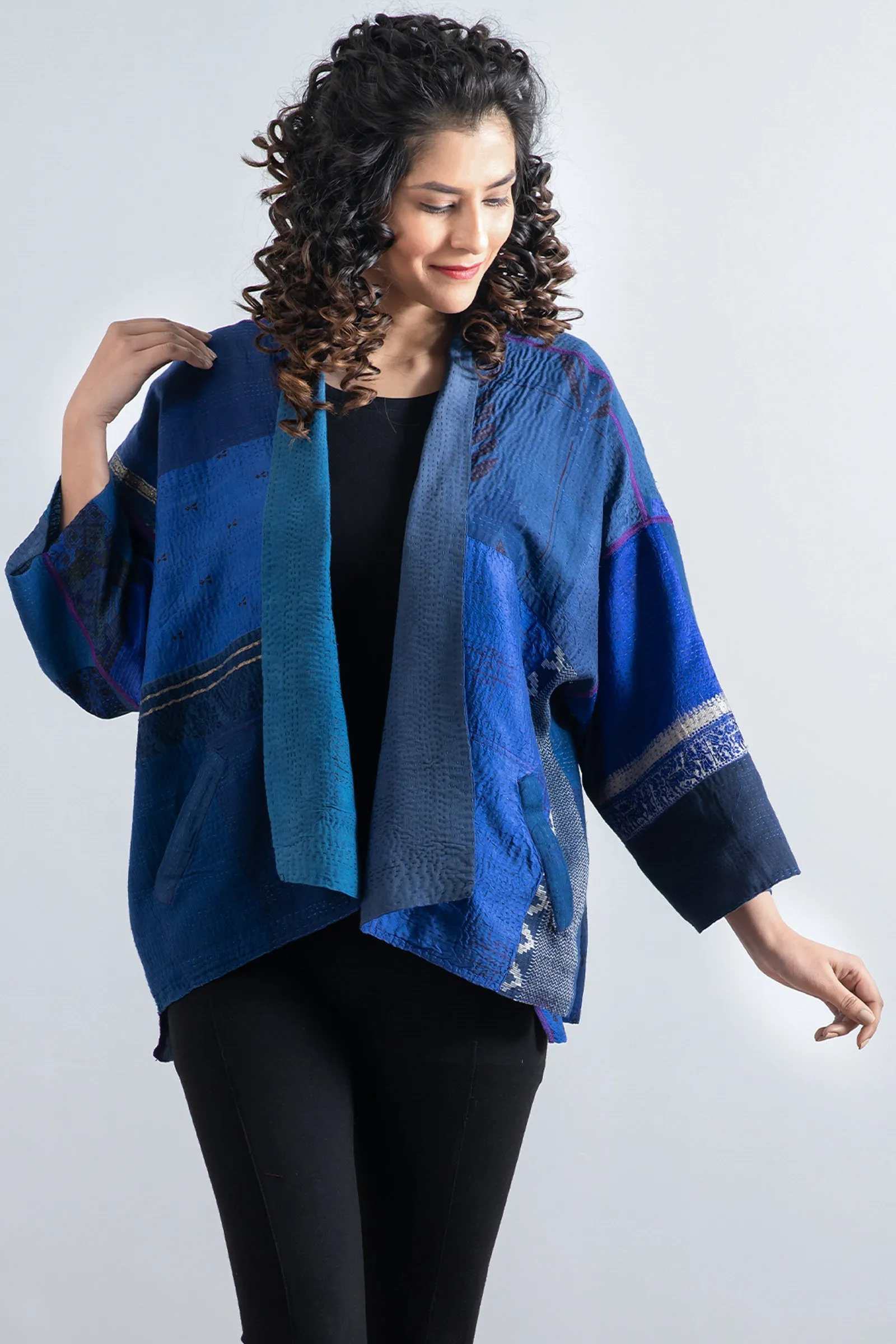 COTTON SILK SW PATCH KANTHA MINI KIMONO JACKET