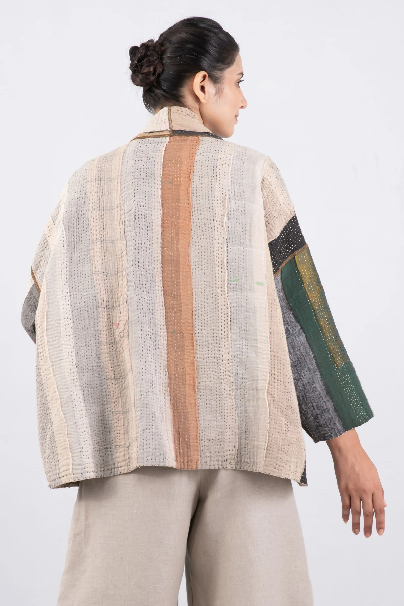 COTTON STRIPE PATCH KANTHA BIG POCKET JACKET