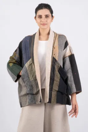 COTTON STRIPE PATCH KANTHA BIG POCKET JACKET