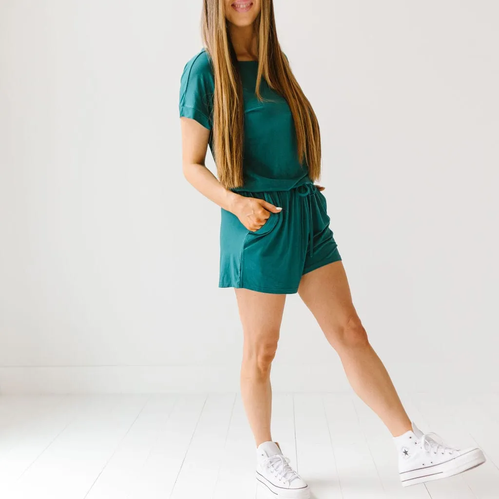 Deep Teal Women's Short Sleeve Shortie Romper