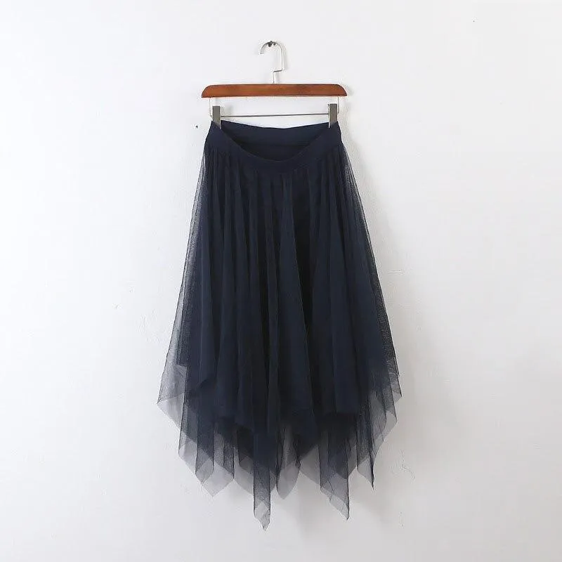 Elastic Long Asymmetric Tulle Skirt Women High Waist Pleated Tutu School Irregular Mesh Lace A Line Midi Skater Black White