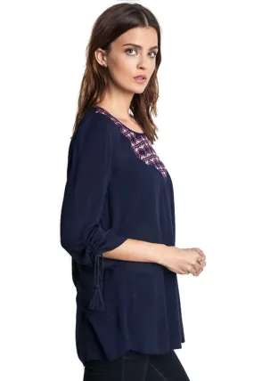 Embroidered Baby Doll Top, Navy