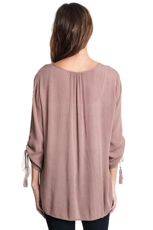 Embroidered Baby Doll Top, Taupe