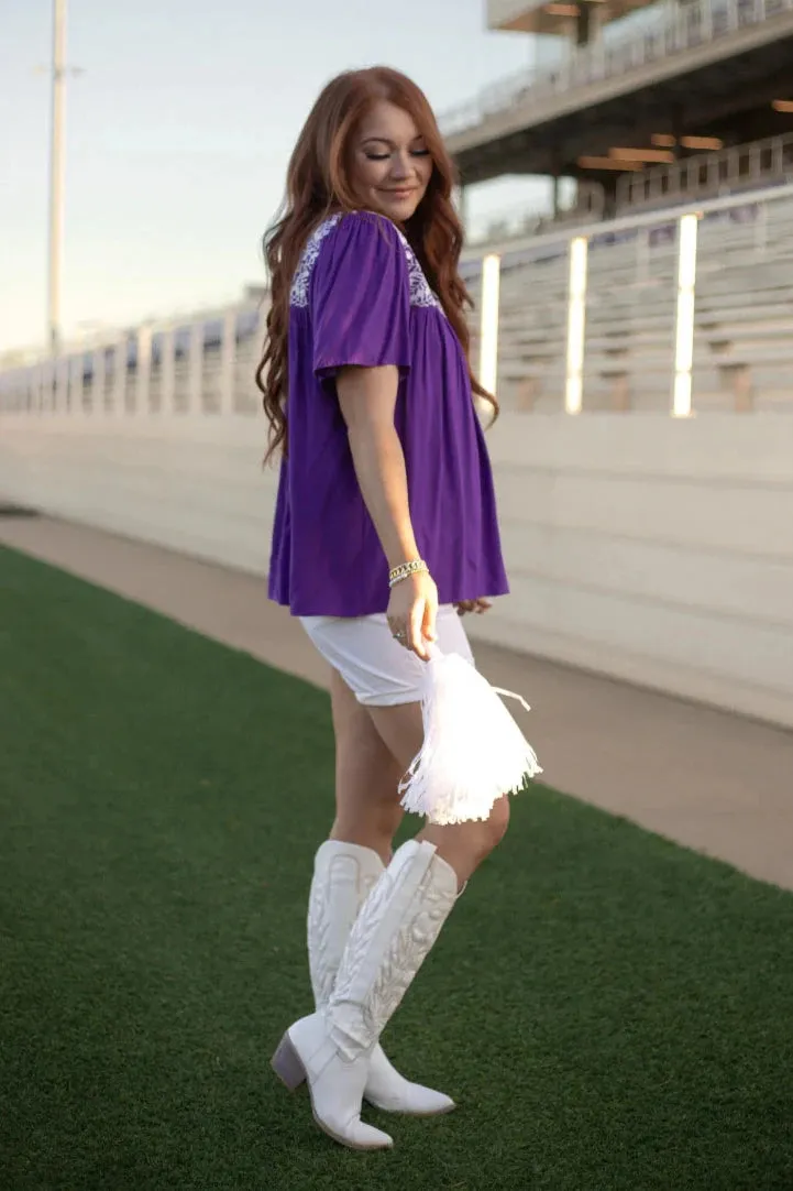 Embroidered Ruffle Collar Top, Purple