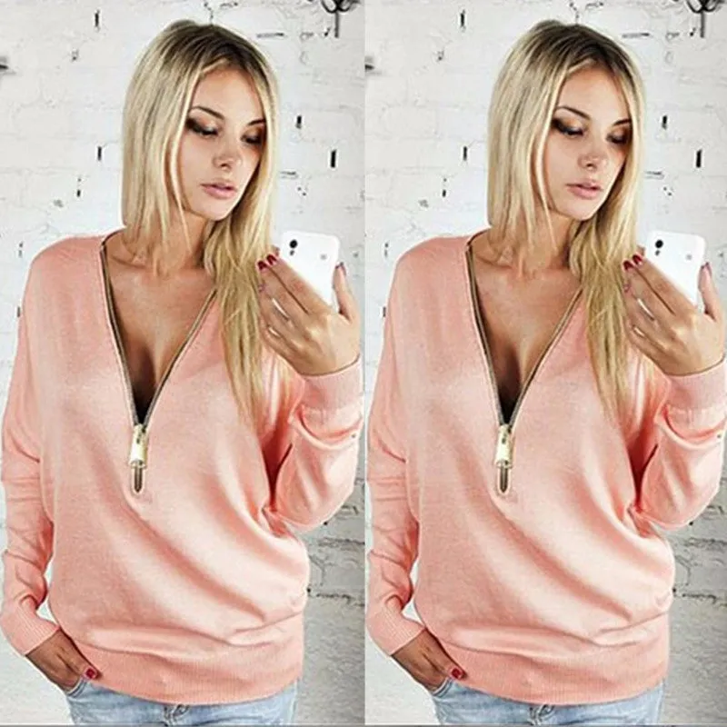 Fashion sexy women t shirt  2016 new v-neck zipper tops long sleeve black T shirt  hot sale