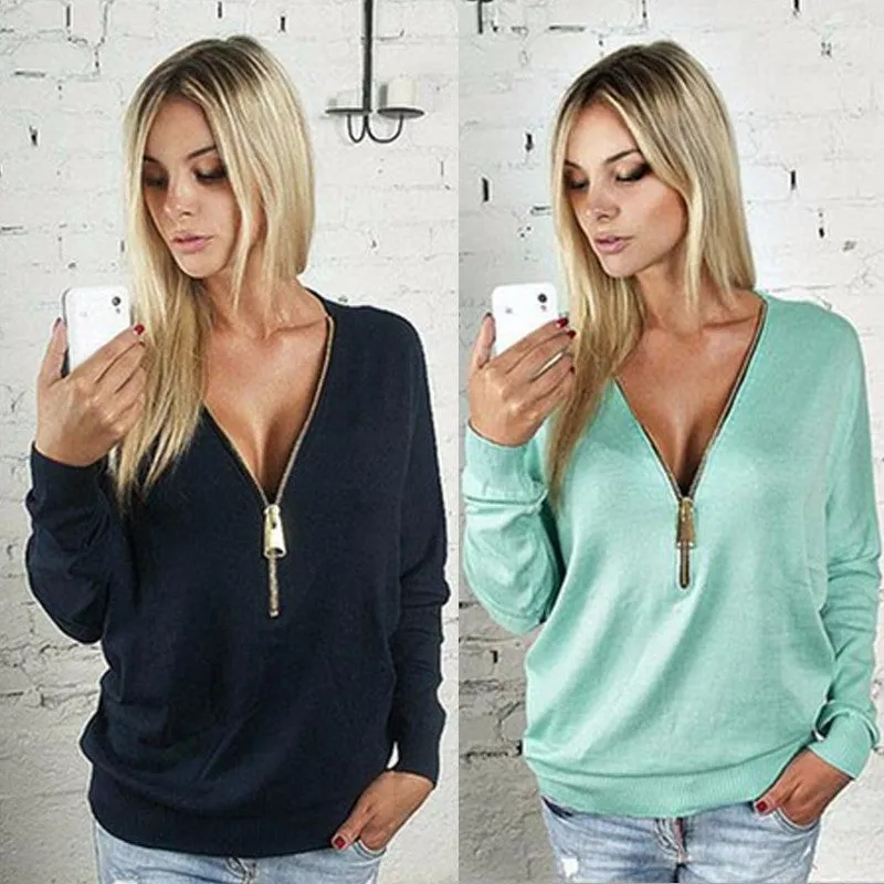 Fashion sexy women t shirt  2016 new v-neck zipper tops long sleeve black T shirt  hot sale