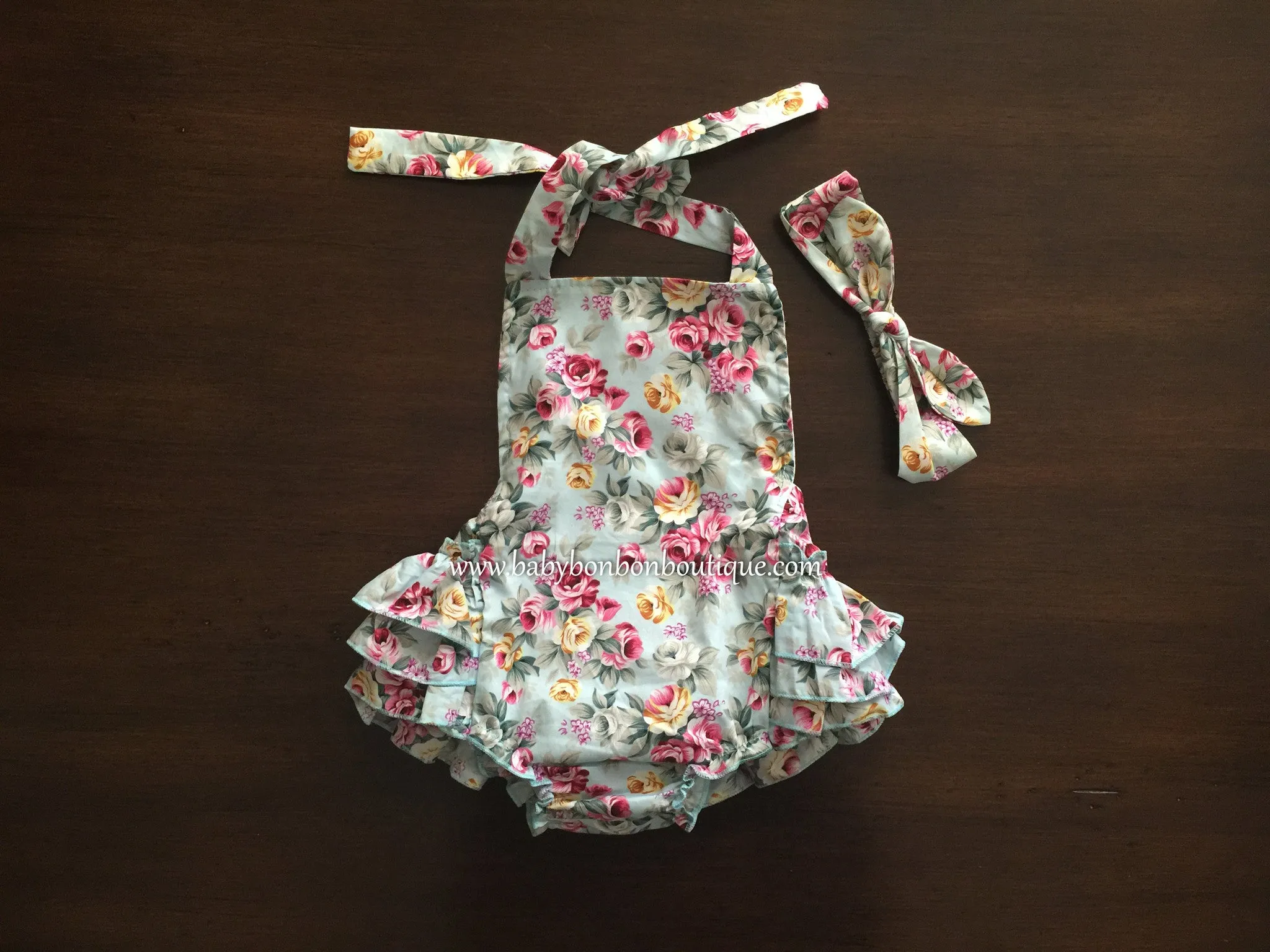 French Teal Floral Baby Ruffled Romper