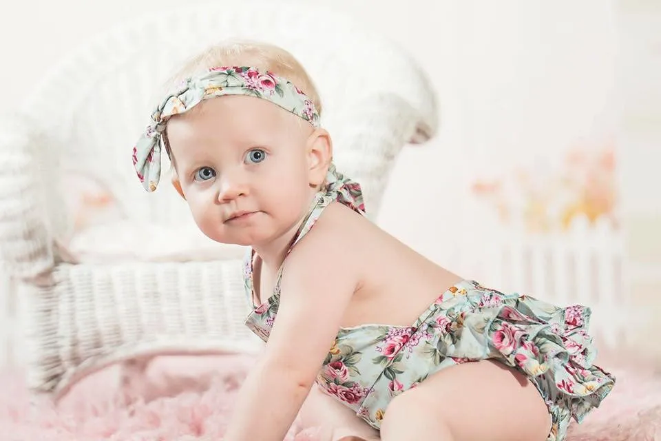 French Teal Floral Baby Ruffled Romper