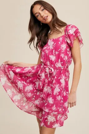 Fuchsia Flower Print Ruffle Sleeve Waist Tie Dress