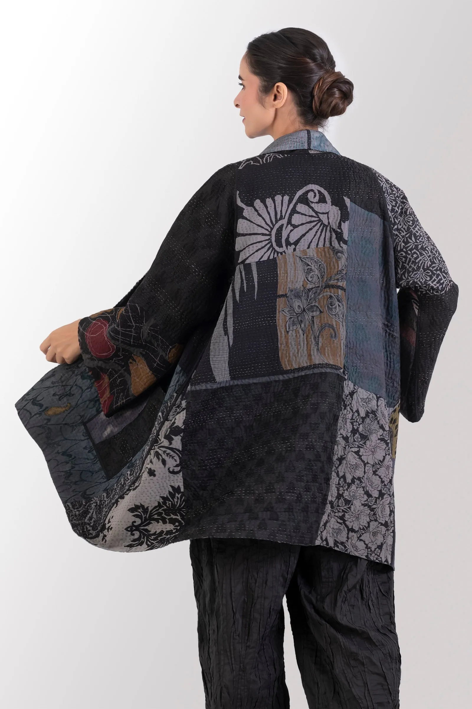 GEORGETTE JACQUARD VINTAGE SILK PATCH KANTHA A-LINE JACKET - gj4003-blk -