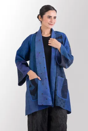 GEORGETTE JACQUARD VINTAGE SILK PATCH KANTHA A-LINE JACKET - gj4003-blu -