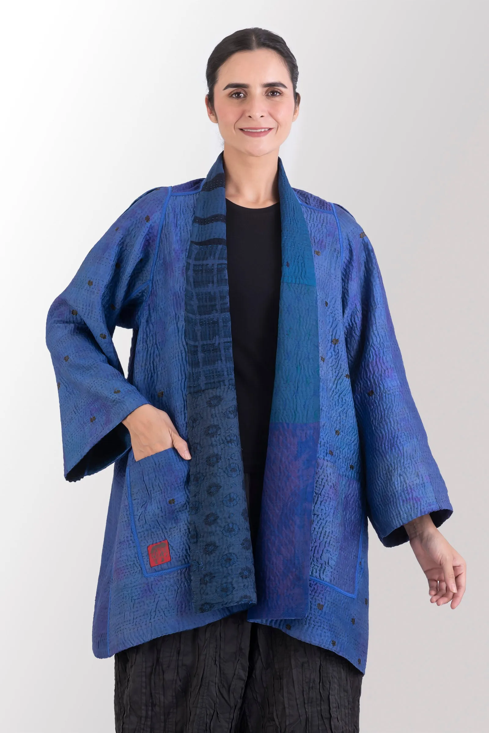 GEORGETTE JACQUARD VINTAGE SILK PATCH KANTHA A-LINE JACKET - gj4003-blu -