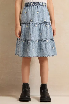 Girls Blue Embroidered Denim Skirt