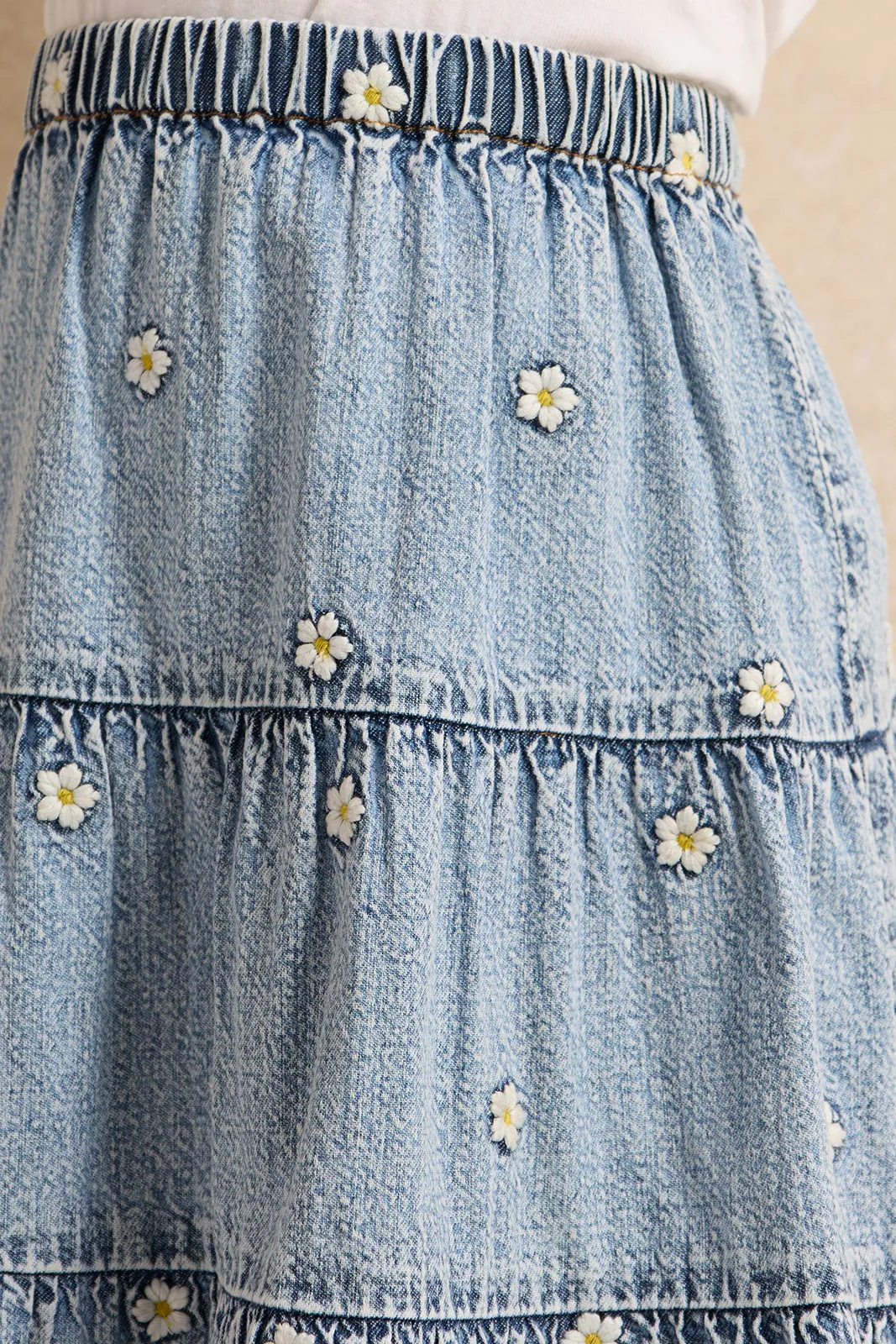 Girls Blue Embroidered Denim Skirt