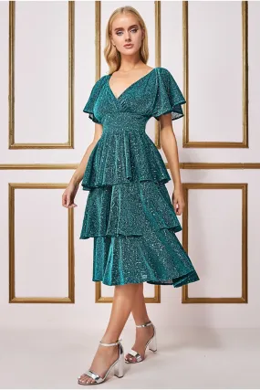 Goddiva Sequin Lurex Tiered Midi Dress - Teal Blue