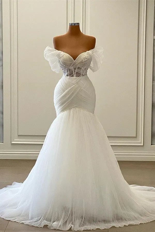 Gorgeous White Long Mermaid Off the Shoulder Tulle Wedding Dress