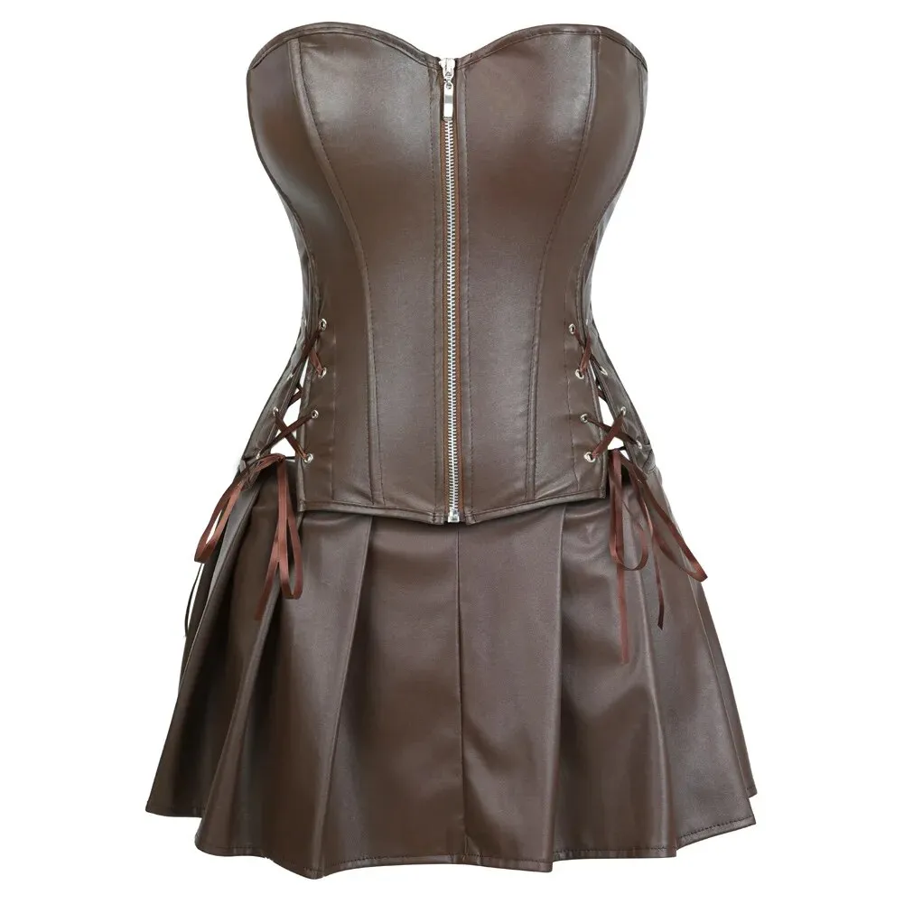 Gothic Syntetic Leather Body Shaping Set Corset Skirt