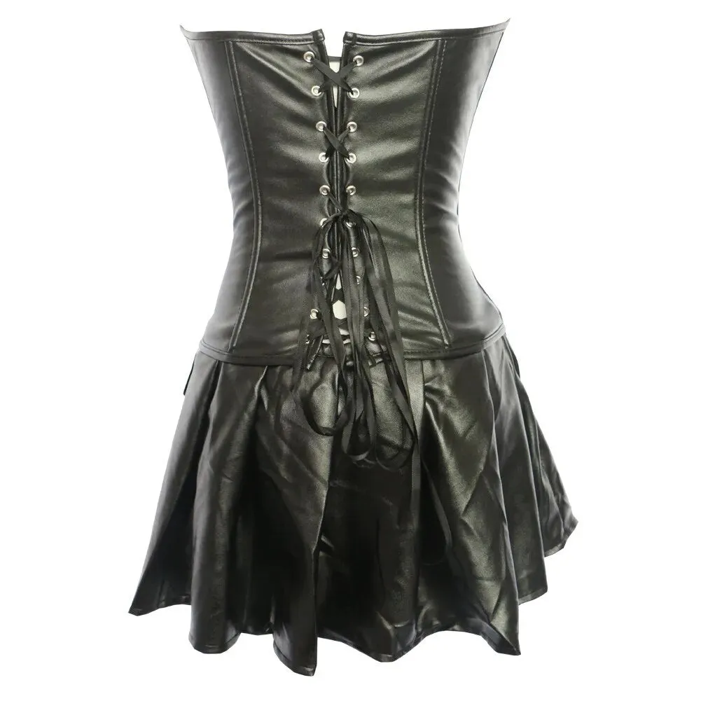 Gothic Syntetic Leather Body Shaping Set Corset Skirt