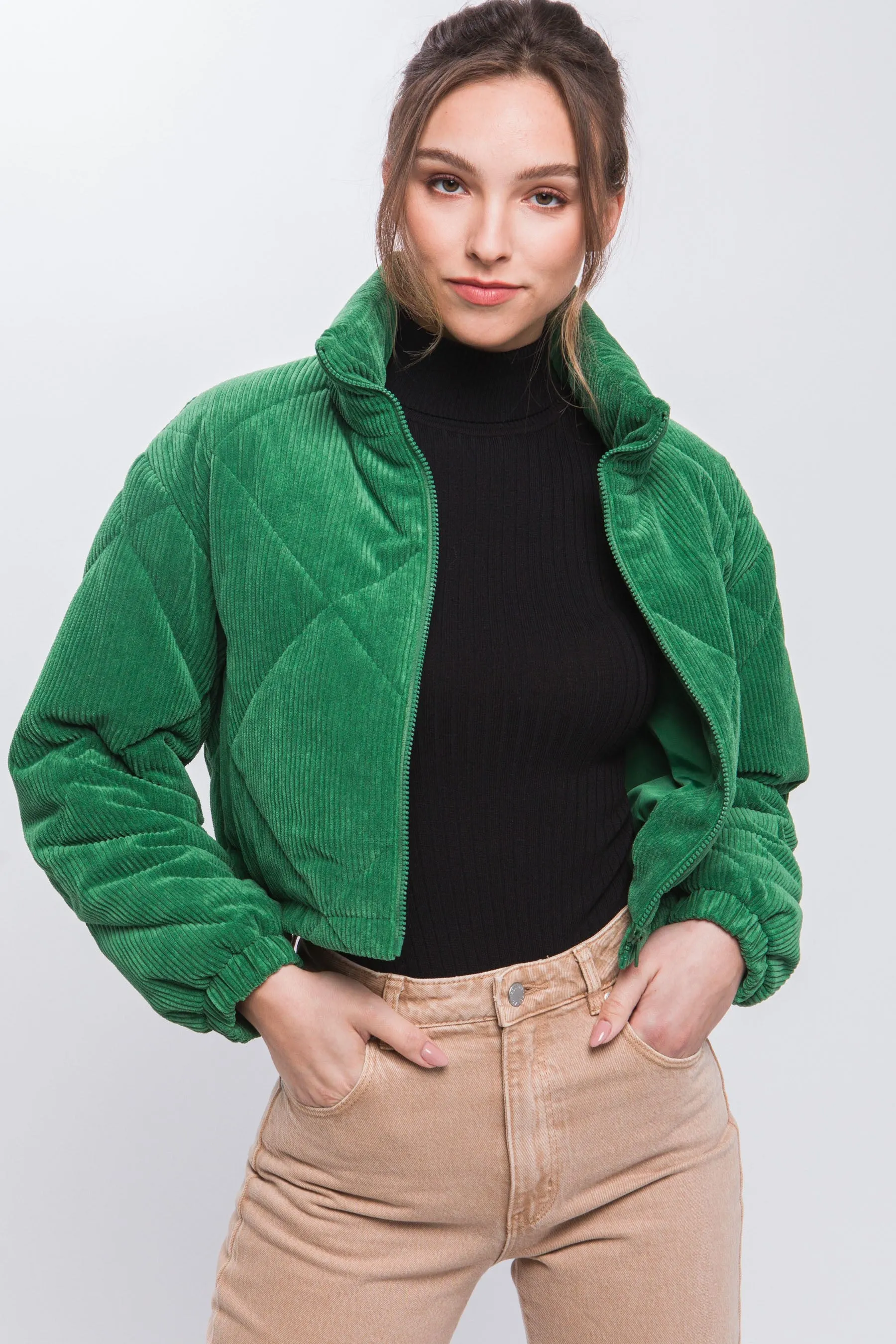 Green Corduroy Semi-Cropped Zip Up Jacket With Pockets