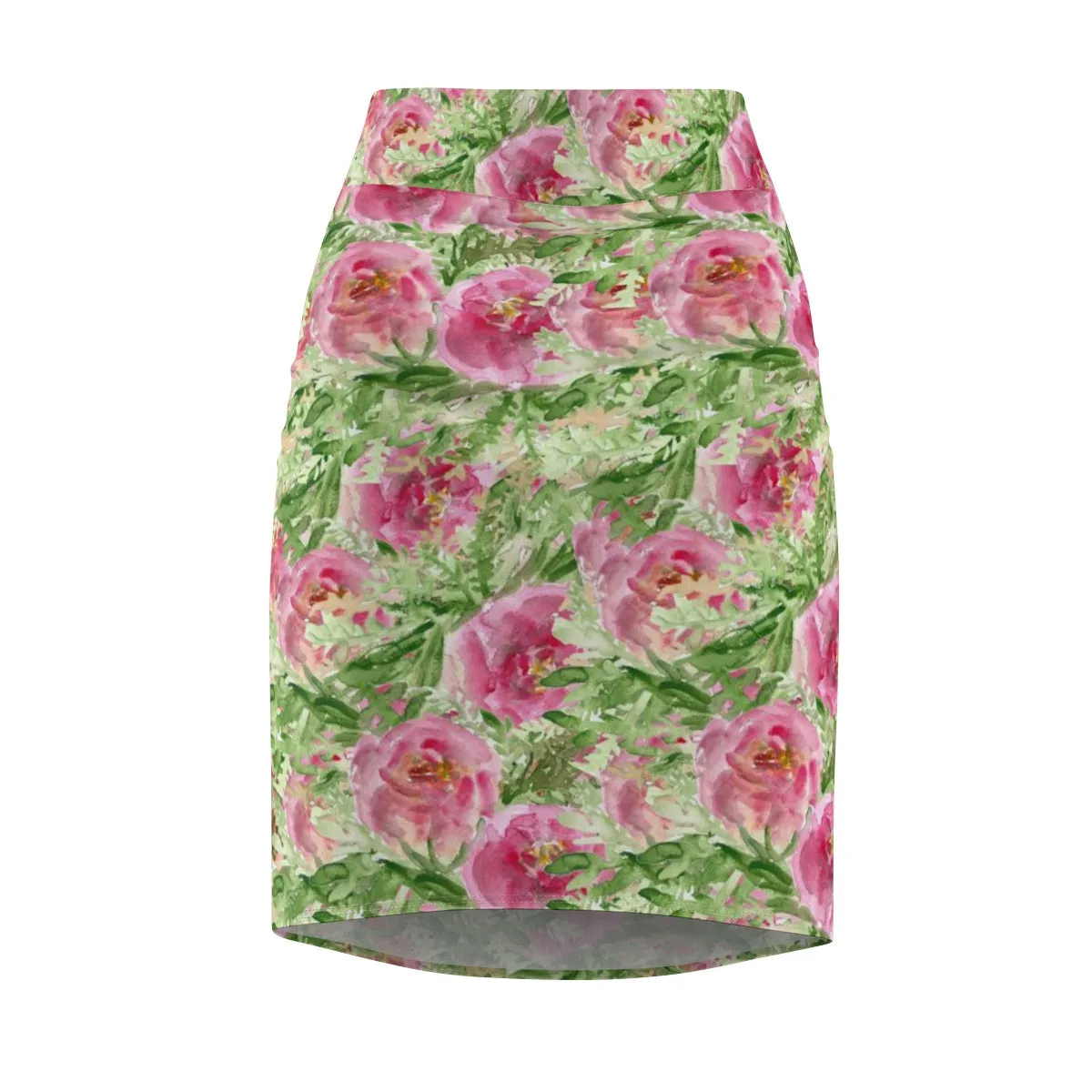 Green Pink Floral Pencil Skirt, Angel Rose Floral Print Designer Women's Mid-Waist Pencil Skirt -Made in USA