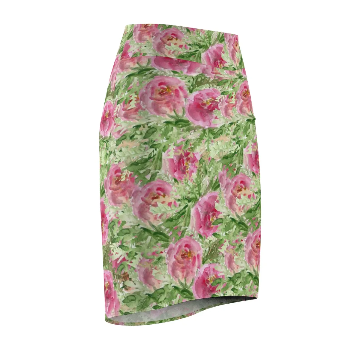 Green Pink Floral Pencil Skirt, Angel Rose Floral Print Designer Women's Mid-Waist Pencil Skirt -Made in USA