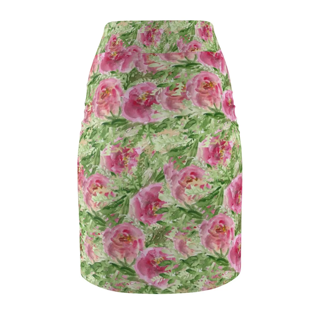 Green Pink Floral Pencil Skirt, Angel Rose Floral Print Designer Women's Mid-Waist Pencil Skirt -Made in USA