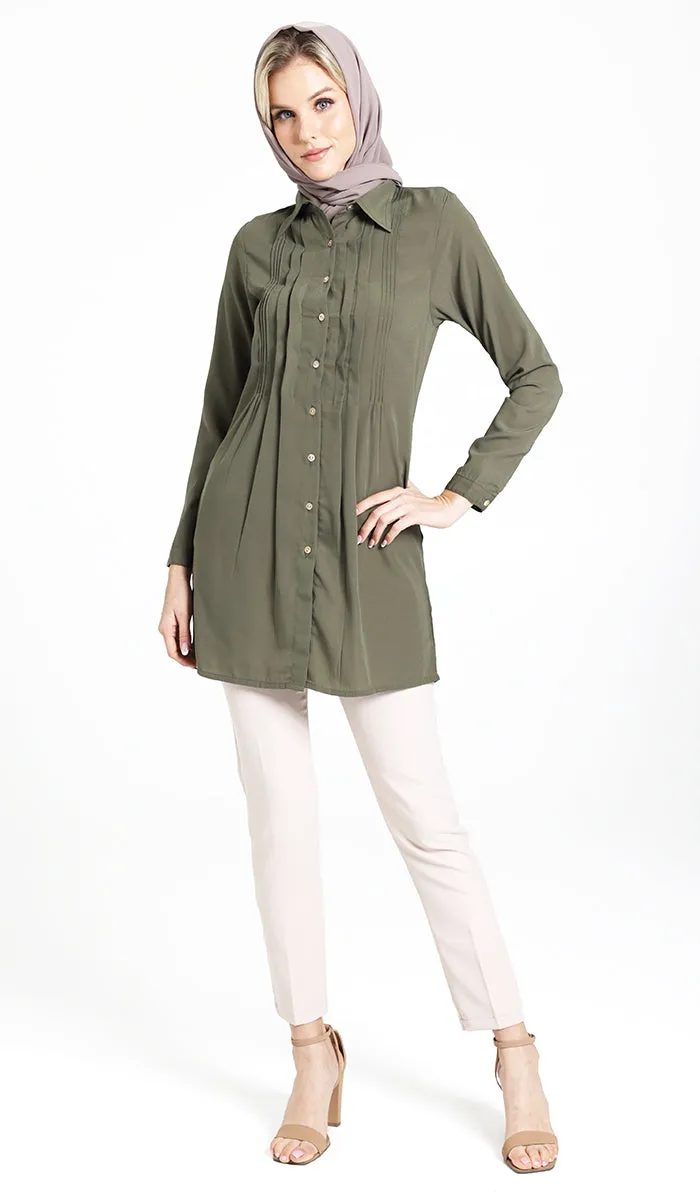 Hanane Pleated Button Down Tunic Dress - Olive