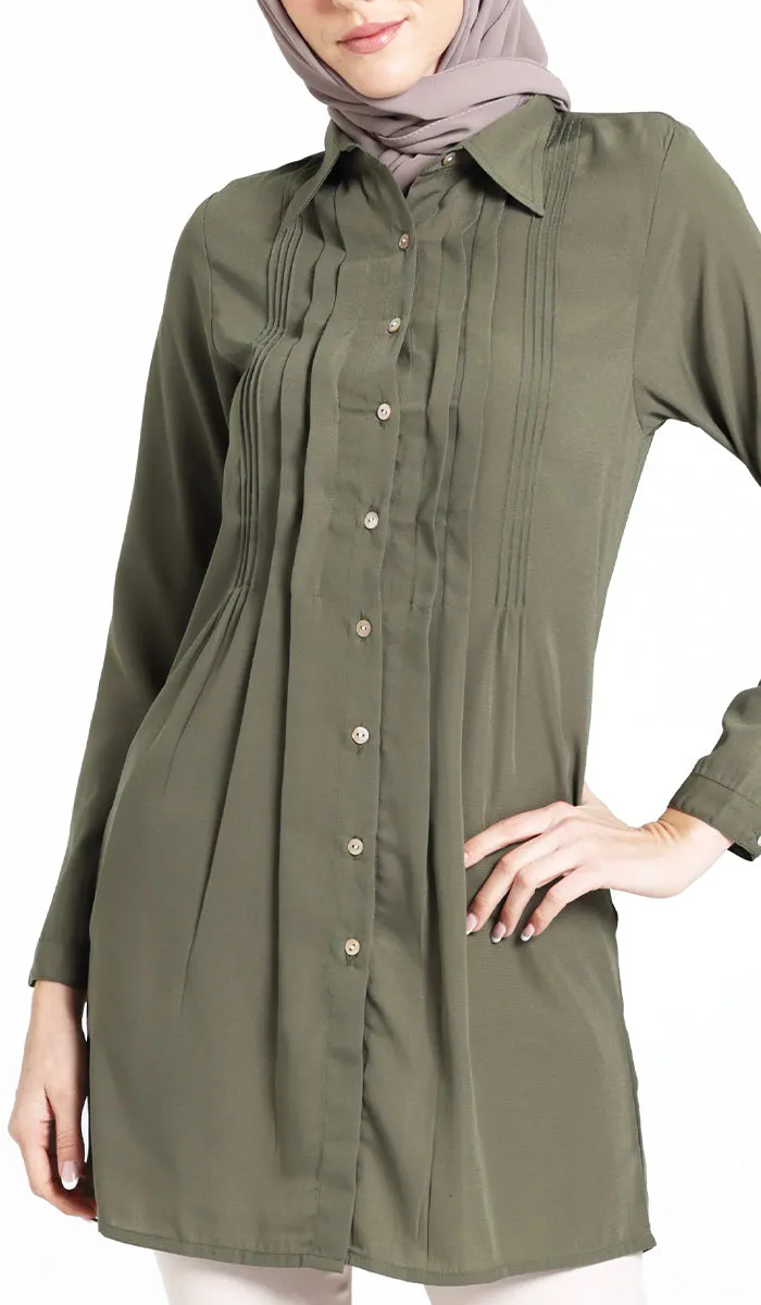 Hanane Pleated Button Down Tunic Dress - Olive