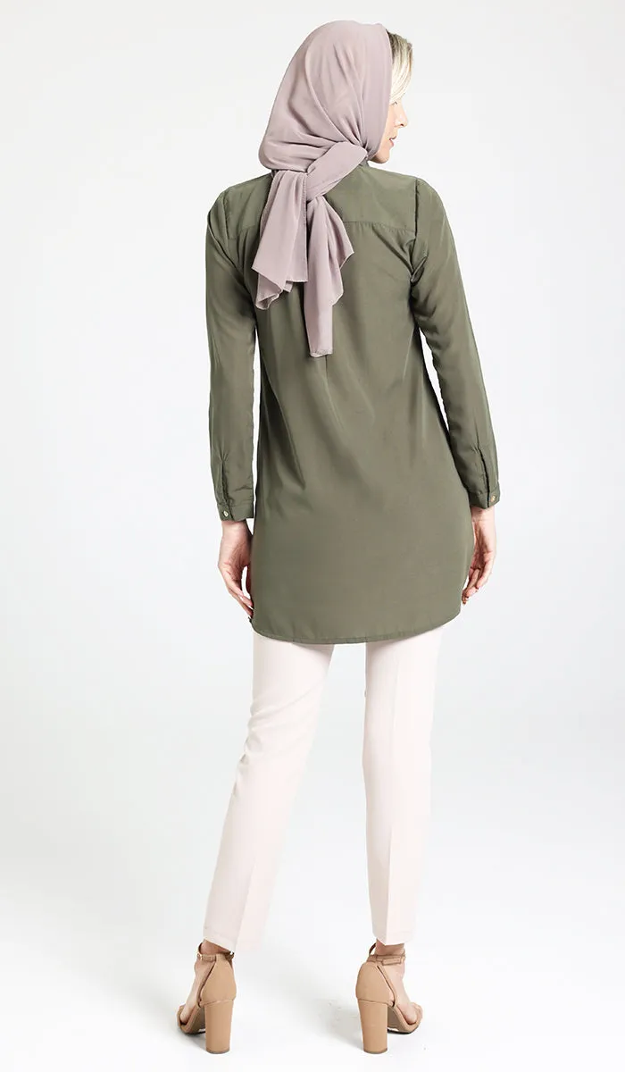 Hanane Pleated Button Down Tunic Dress - Olive