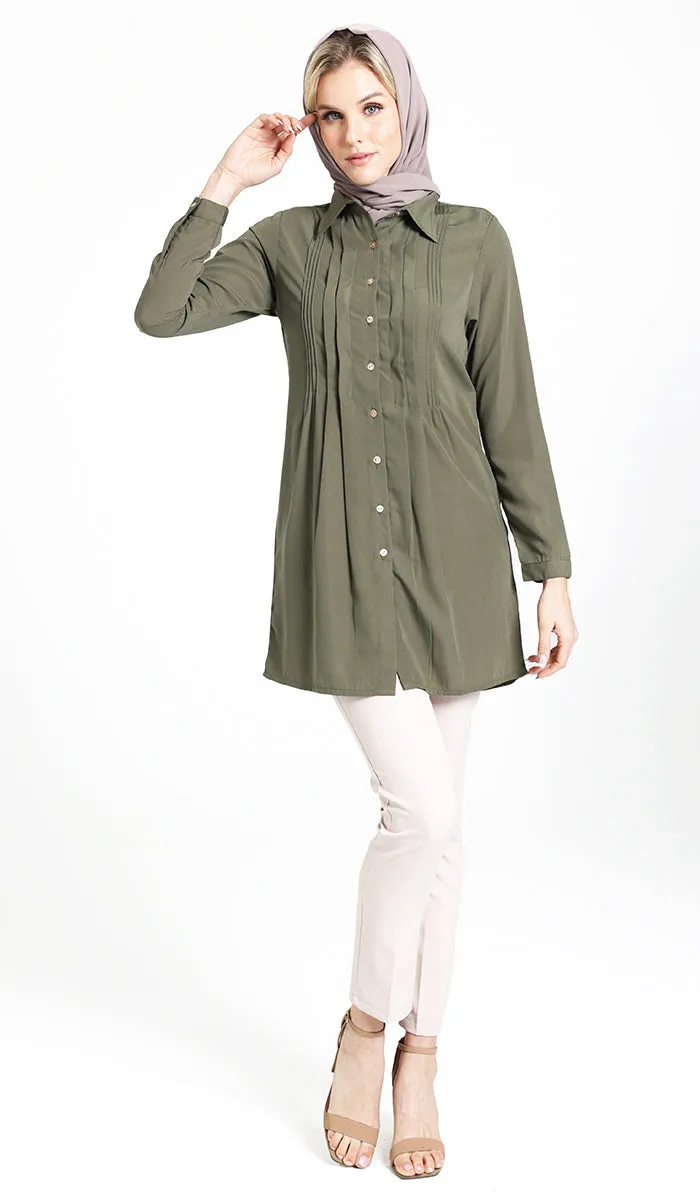 Hanane Pleated Button Down Tunic Dress - Olive