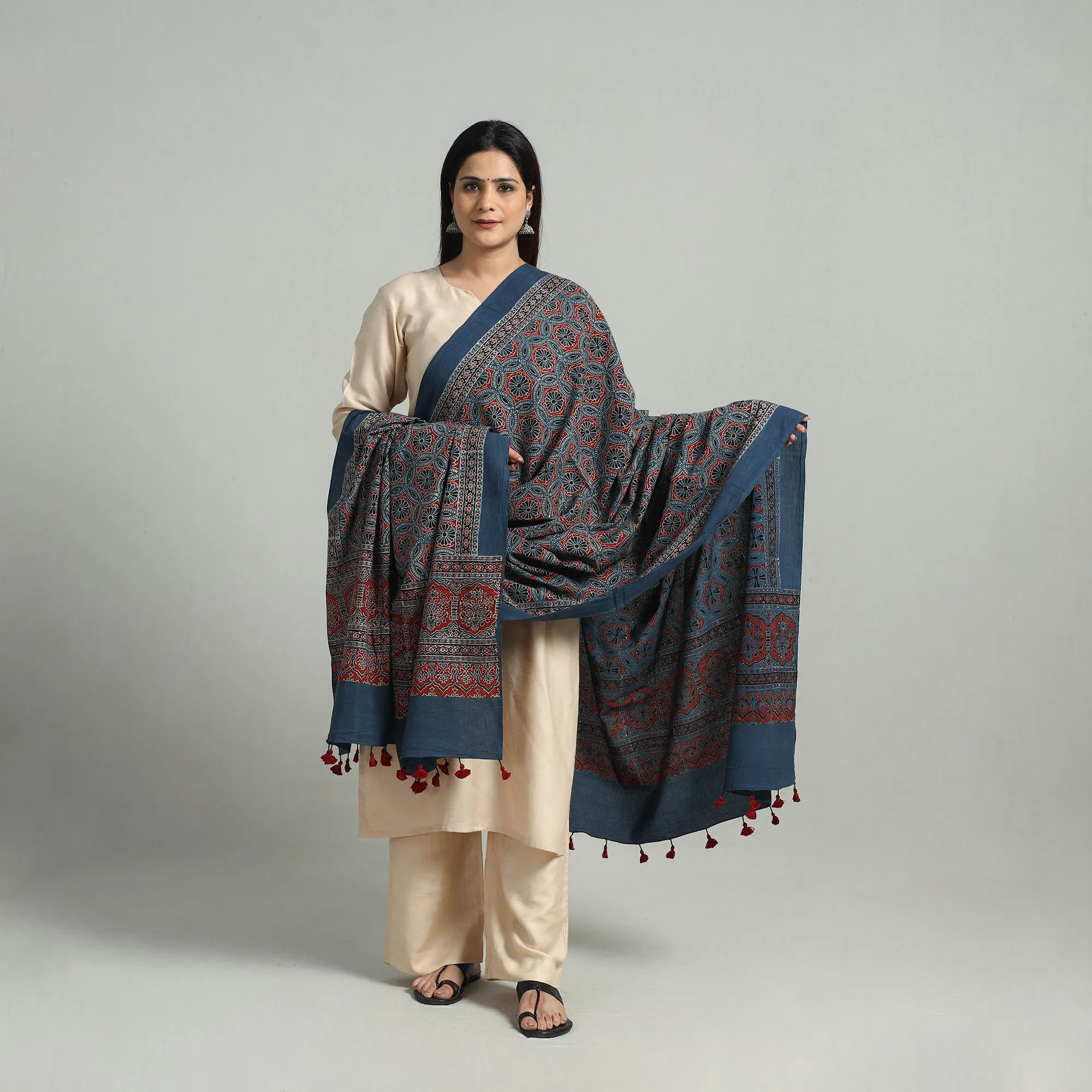 Hand Block Printed Cotton Ajrakh Dupatta 07