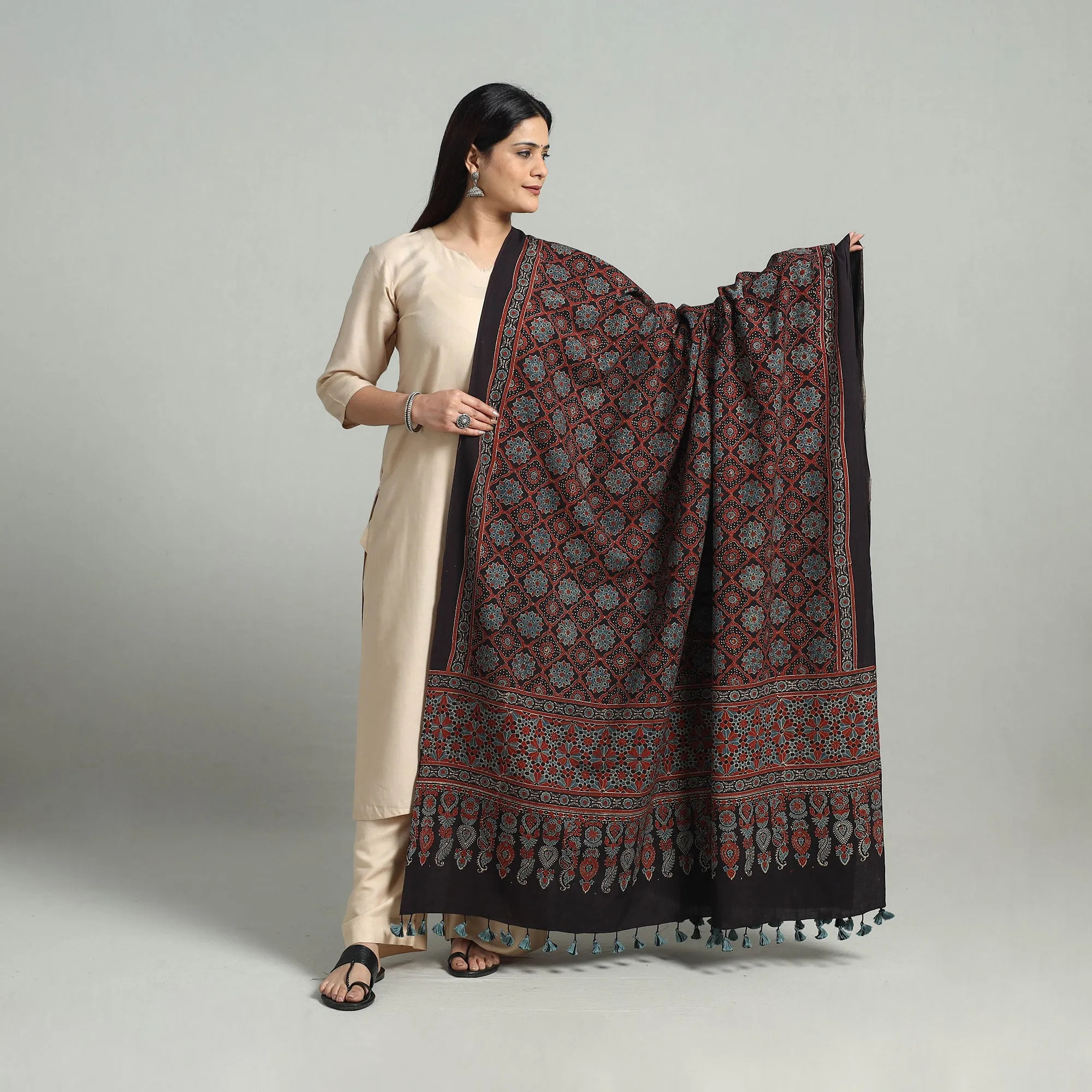 Hand Block Printed Cotton Ajrakh Dupatta 12