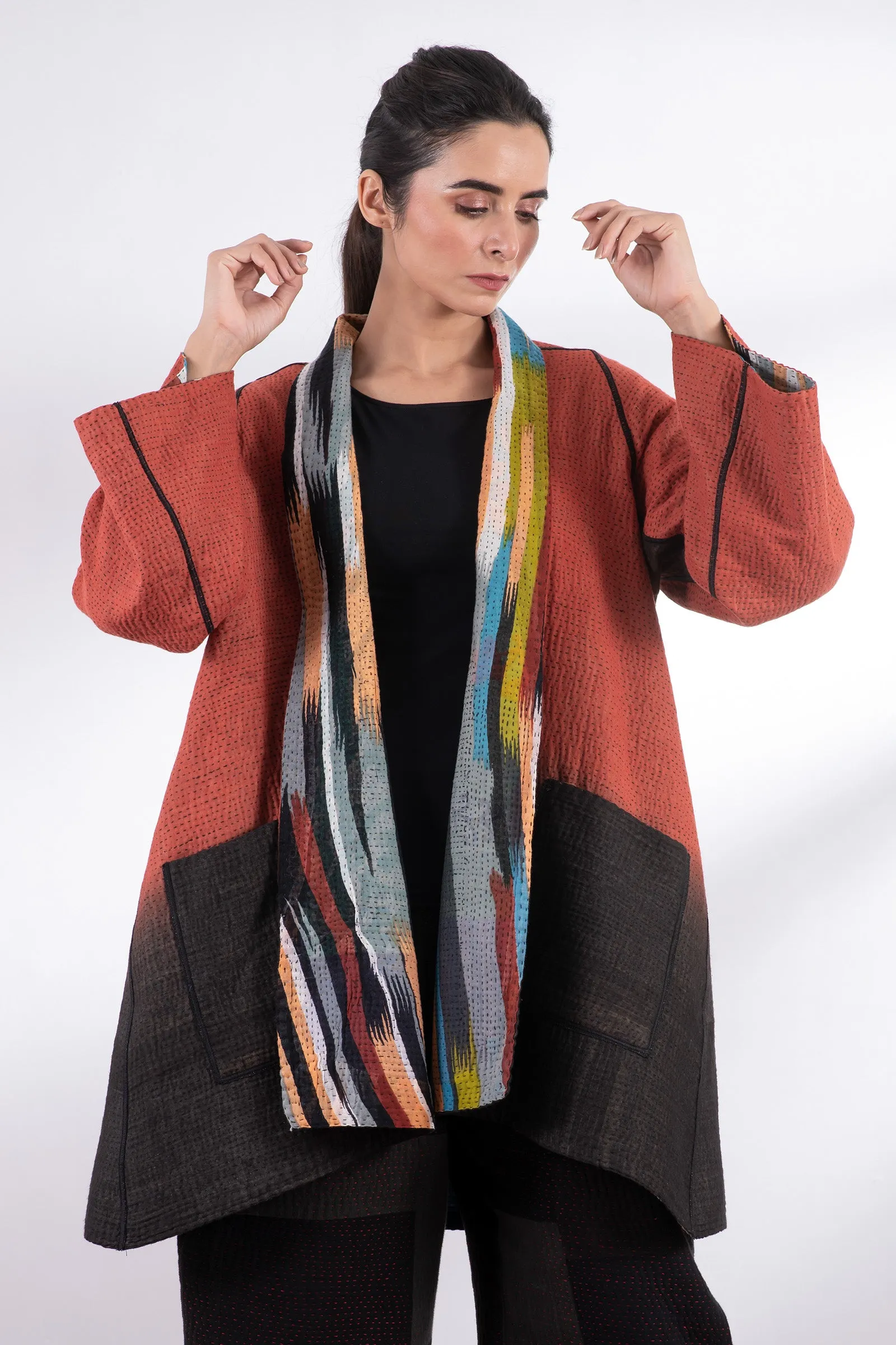 IKAT STRIPE KANTHA A-LINE JACKET