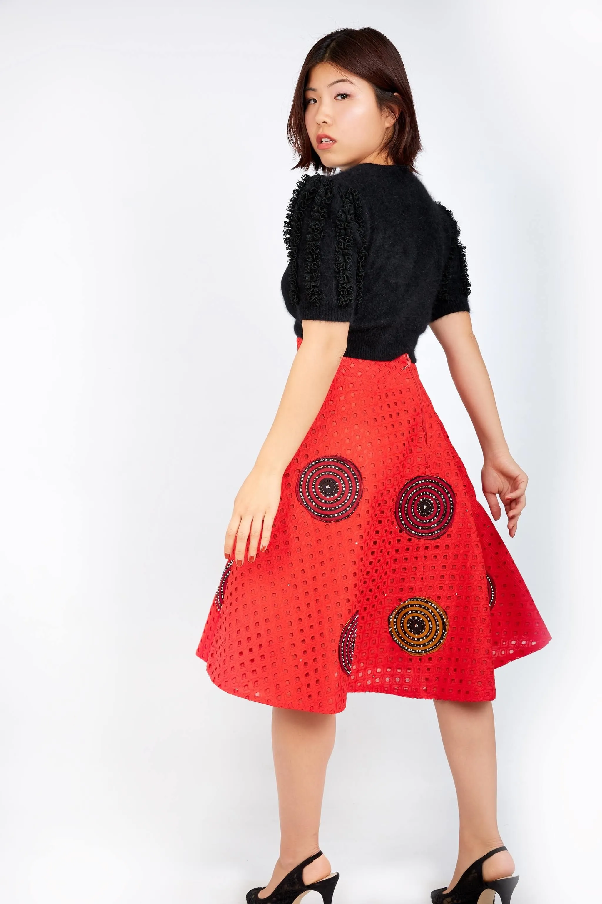 Kamara Lace Ankara Combo Embellished Flare Skirt - Red