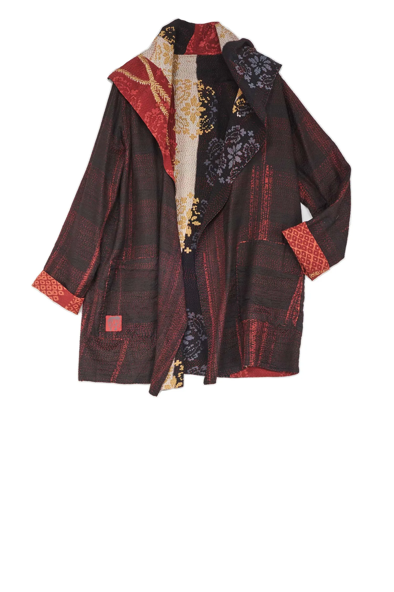 KIMONO PRINT KANTHA POCKET JKT - kp2002-red -