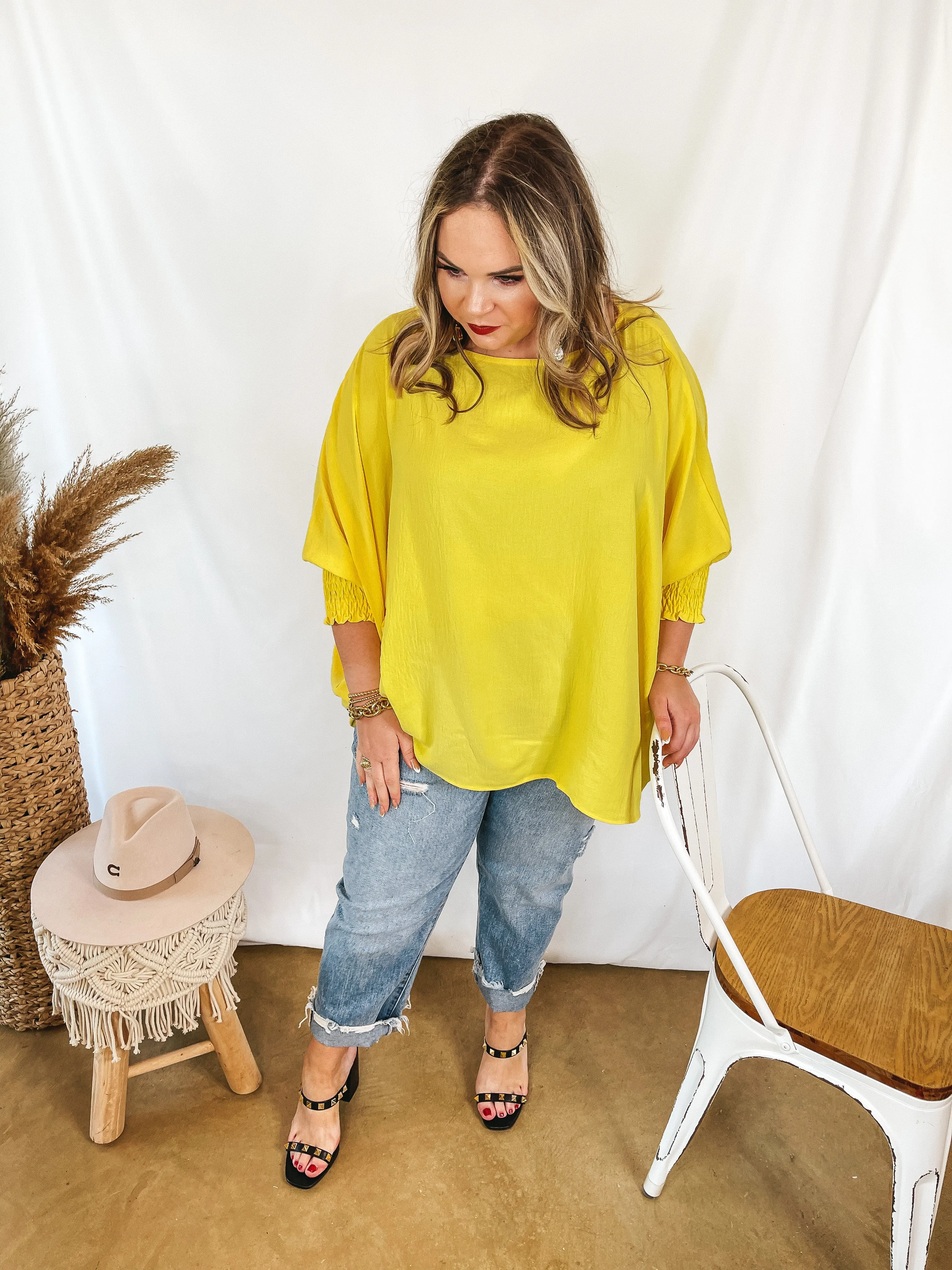 Last Chance Size Small & 1XL (oversized) | Growing and Glowing Smocked 3/4 Sleeve Oversized Blouse in Sunshine Yellow