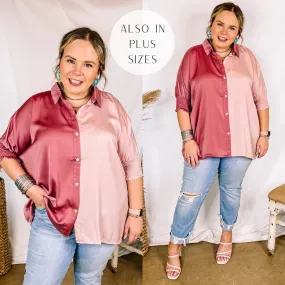 Last Chance Size Small (Oversized) | Major Glow Satin Smocked 3/4 Sleeve Button Up Blouse in Mauve and Blush Pink