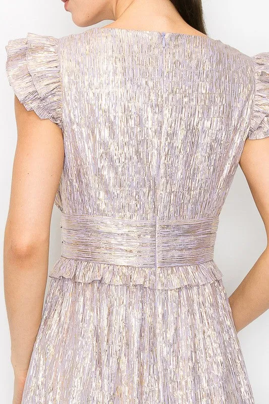 Lavender Metallic Stripe Ruffled Sleeves Midi Dress