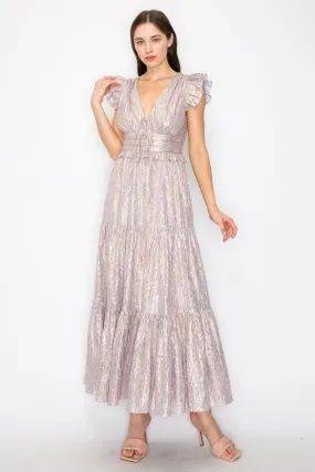 Lavender Metallic Stripe Ruffled Sleeves Midi Dress