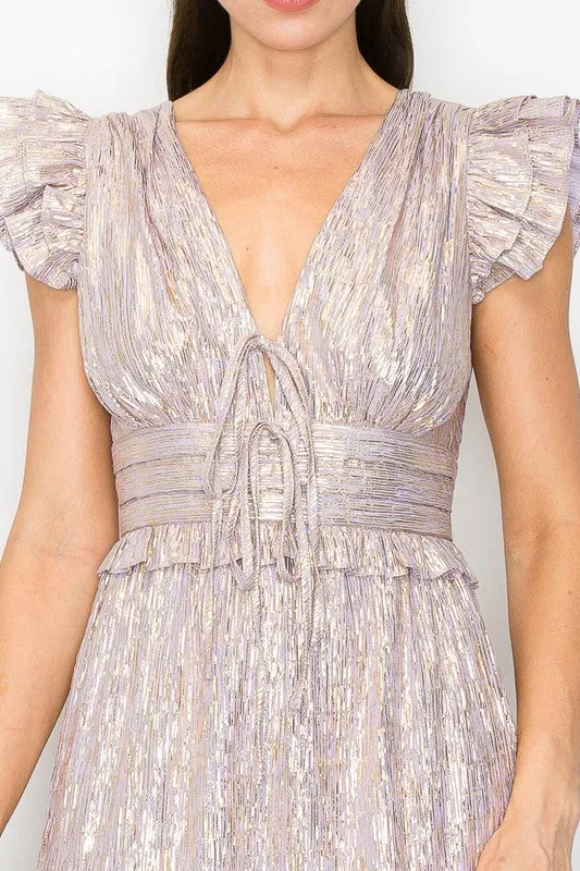 Lavender Metallic Stripe Ruffled Sleeves Midi Dress